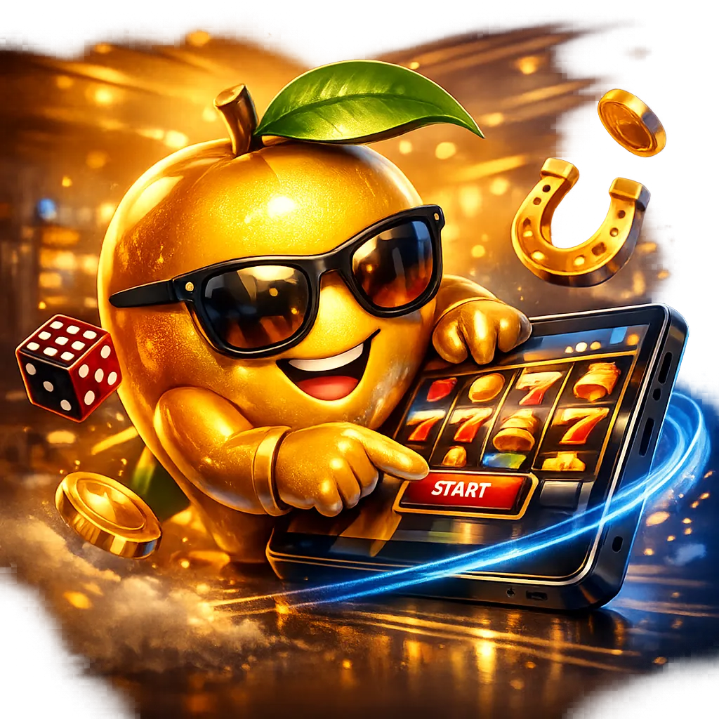 A premium 3D illustration of a mango-shaped figurine with golden accents for Mango Dorado Casino, set in a vibrant casino-the